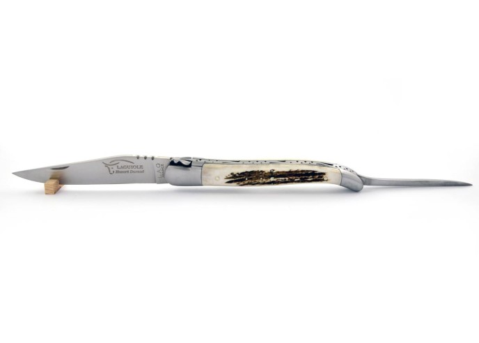 Laguiole pliant, 12 cm, abeille forgée, lame et poinçon, mitres inox mat, manche bois de cerf
