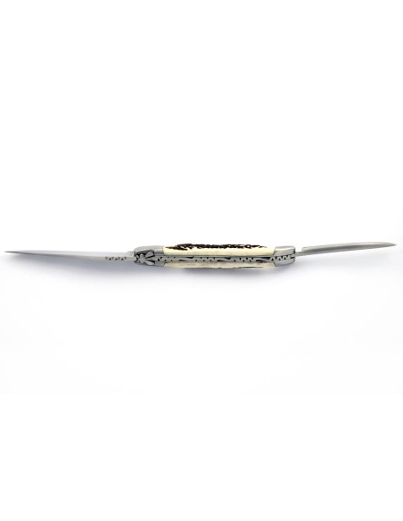 Laguiole pliant, 12 cm, abeille forgée, lame et poinçon, mitres inox mat, manche bois de cerf