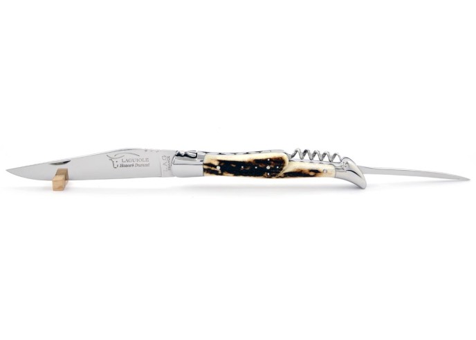 Laguiole pliant, 12 cm, lame & tire-bouchon & poinçon, abeille forgée, mitres inox brillant, manche bois de cerf