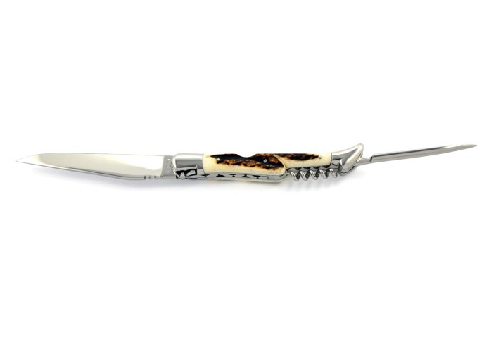 Laguiole pliant, 12 cm, lame & tire-bouchon & poinçon, abeille forgée, mitres inox brillant, manche bois de cerf