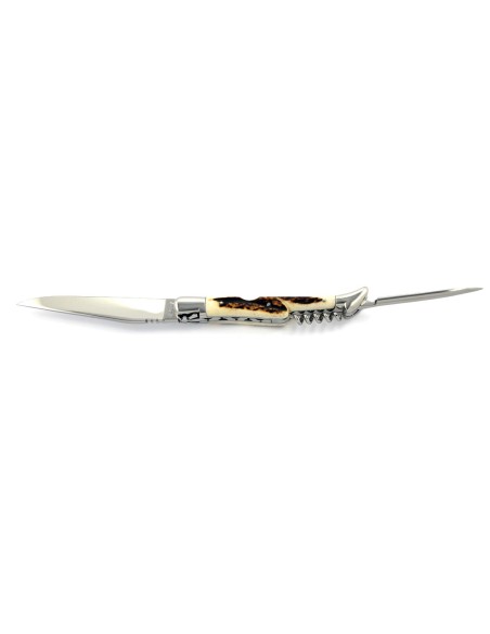 Laguiole pliant, 12 cm, lame & tire-bouchon & poinçon, abeille forgée, mitres inox brillant, manche bois de cerf