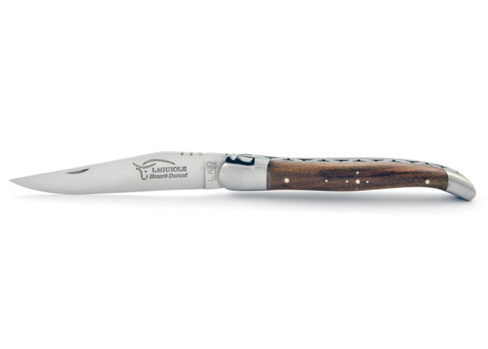 Laguiole pliant, 12 cm, abeille forgée, lame seule, mitres inox mat, manche en bois de noyer