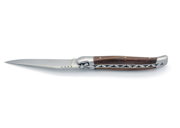 Laguiole pliant, 12 cm, abeille forgée, lame seule, mitres inox mat, manche en bois de noyer