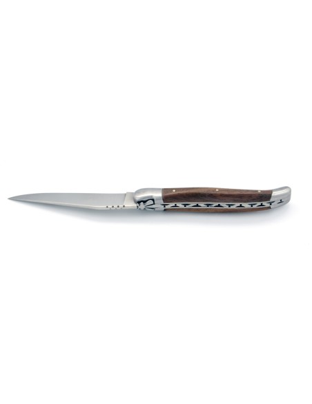 Laguiole pliant, 12 cm, abeille forgée, lame seule, mitres inox mat, manche en bois de noyer