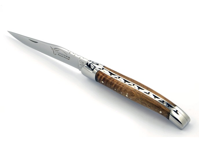 Laguiole pliant, 11 cm, abeille forgée, lame seule, mitres inox brillant, manche en noyer