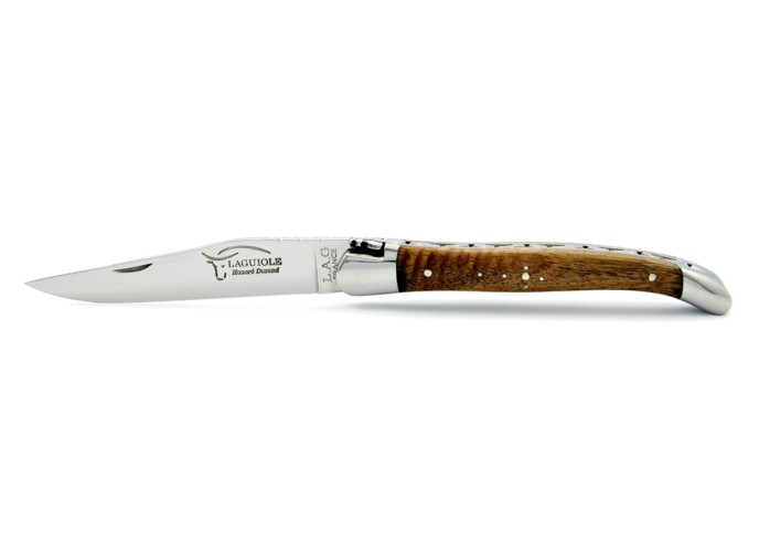 Laguiole pliant, 11 cm, abeille forgée, lame seule, mitres inox brillant, manche en noyer