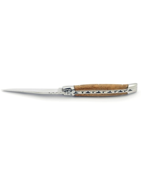 Laguiole pliant, 11 cm, abeille forgée, lame seule, mitres inox brillant, manche en noyer