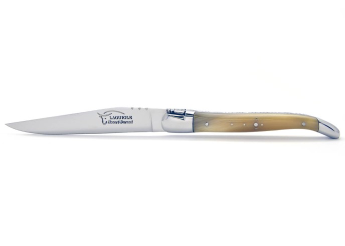 Coffret de couteaux de table Laguiole avec mitres inox brillant, manche galbé en pointe de corne claire