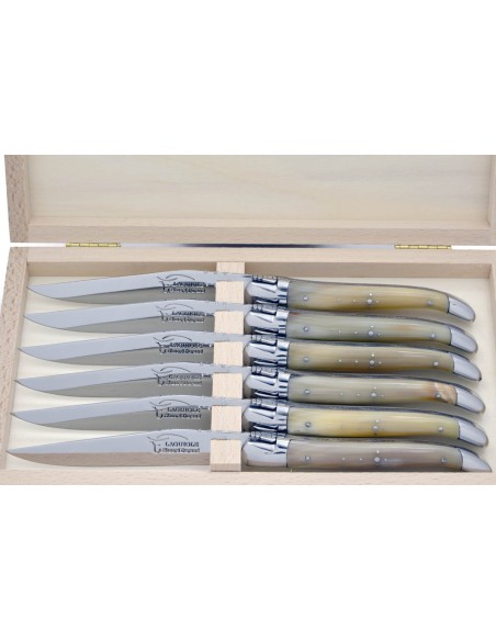 Coffret de couteaux de table Laguiole avec mitres inox brillant, manche galbé en pointe de corne claire