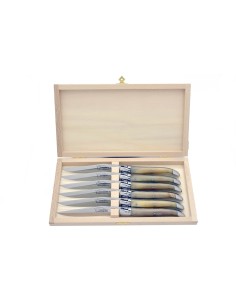 Coffret de couteaux de table Laguiole avec mitres inox brillant, manche galbé en pointe de corne claire 2