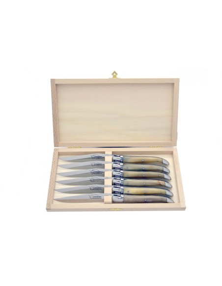 Coffret de couteaux de table Laguiole avec mitres inox mat, manche galbé en pointe de corne claire