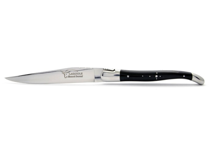 Coffret de couteaux de table Laguiole avec mitres inox brillant, manche galbé en pointe de corne foncée