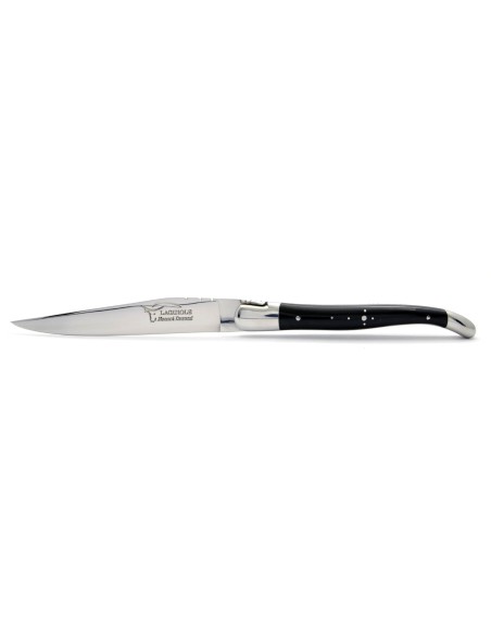 Coffret de couteaux de table Laguiole avec mitres inox brillant, manche galbé en pointe de corne foncée