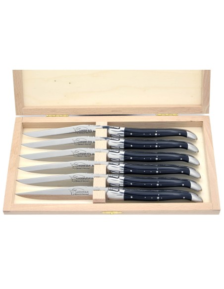 Coffret de couteaux de table Laguiole avec mitres inox mat, manche galbé en pointe de corne foncée