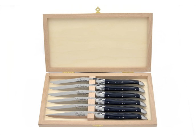 Coffret de couteaux de table Laguiole avec mitres inox brillant, manche galbé en pointe de corne foncée