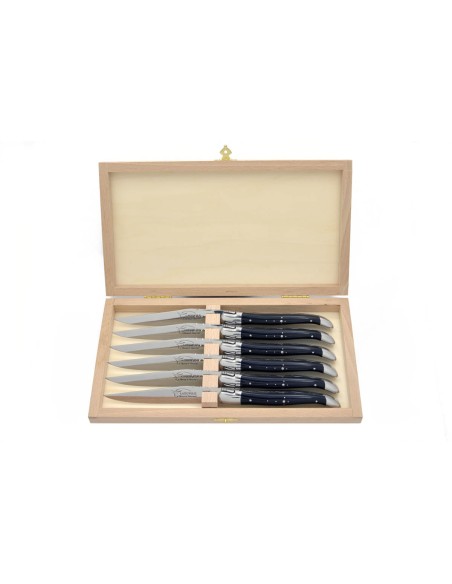 Coffret de couteaux de table Laguiole avec mitres inox brillant, manche galbé en pointe de corne foncée