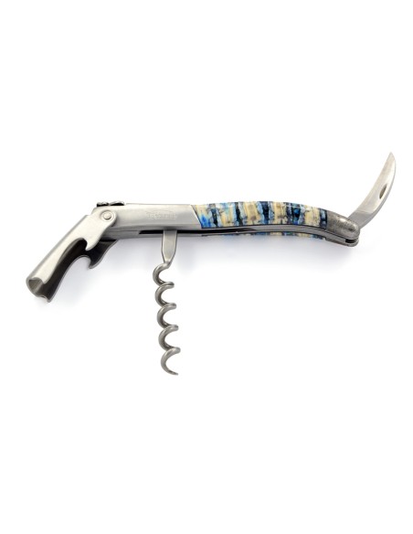 Laguiole pliant, 11 cm, abeille forgÃ©e, lame seule, acier Damas, mitres inox brillant, manche bois d'olivier