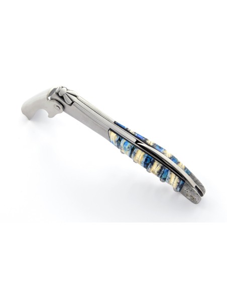 Laguiole pliant, 11 cm, abeille forgÃ©e, lame seule, acier Damas, mitres inox brillant, manche bois d'olivier