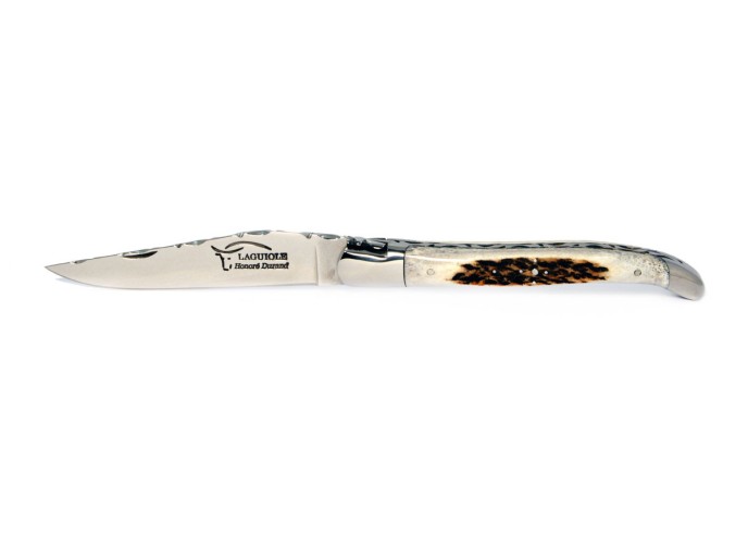 Laguiole pliant, 12 cm, abeille forgée, lame carbone, ciselé dessus dessous, mitres inox brillant, manche en bois de cerf