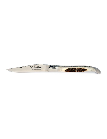 Laguiole pliant, 12 cm, abeille forgée, lame carbone, ciselé dessus dessous, mitres inox brillant, manche en bois de cerf