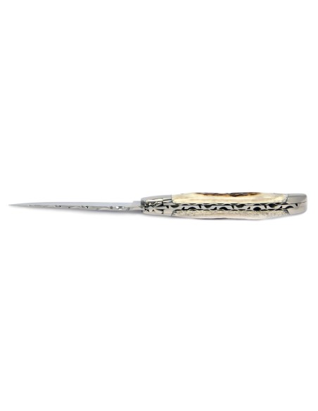 Laguiole pliant, 12 cm, abeille forgée, lame seule, ciselé dessus dessous, mitres inox brillant, manche en bois de cerf