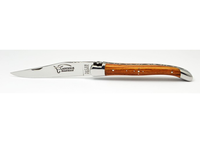 Laguiole Klappmesser, 11 cm, Freimaurermotiv, Heftbacken aus  glänzendem Edelstahl, Griff aus Rosenholz