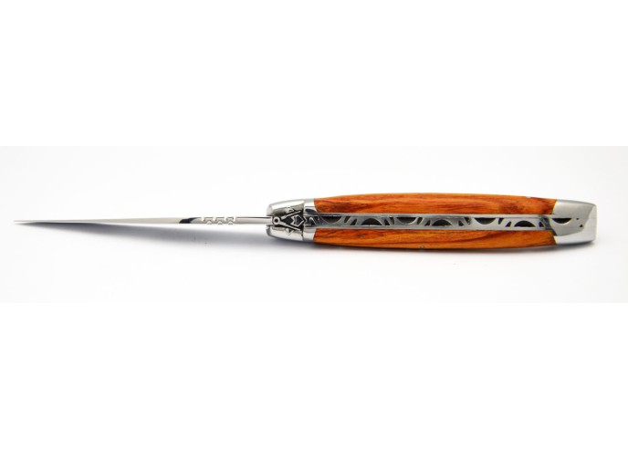 Laguiole pliant 11 cm, abeille forgée "franc maçon", mitres inox brillantes, manche en bois de rose