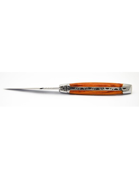 Laguiole pliant 11 cm, abeille forgée "franc maçon", mitres inox brillantes, manche en bois de rose