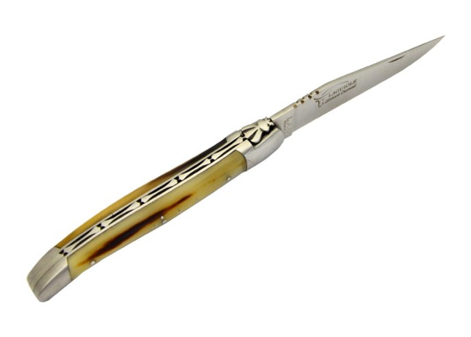 Laguiole pliant, 12 cm, abeille forgée, lame seule, manche bois d'olivier