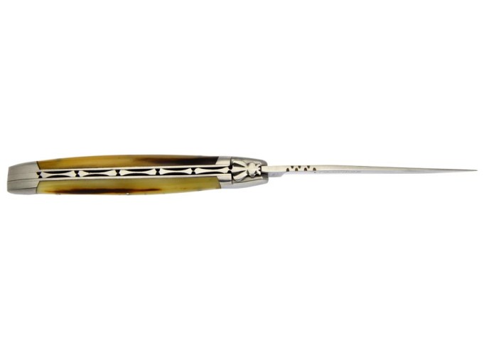Laguiole pliant, 12 cm, abeille forgée, lame seule, manche bois d'olivier