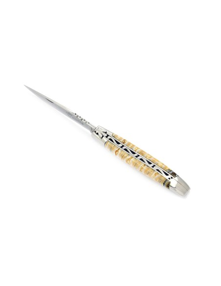Laguiole pliant "Antique" 10,5cm, lame acier Damas, inserts en défense fossile de mammouth