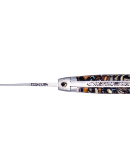 Laguiole pliant "Antique" 10,5cm, lame acier Damas, inserts en défense fossile de mammouth