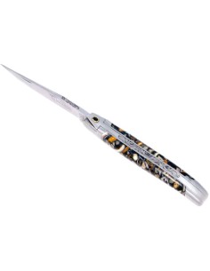 Laguiole pliant "Antique" 10,5cm, lame acier Damas, inserts en défense fossile de mammouth