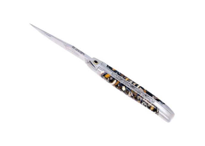 Laguiole pliant "Antique" 10,5cm, lame acier Damas, inserts en défense fossile de mammouth