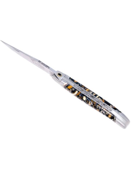 Laguiole pliant "Antique" 10,5cm, lame acier Damas, inserts en défense fossile de mammouth