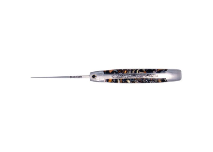 Laguiole pliant "Antique" 10,5cm, lame acier Damas, inserts en défense fossile de mammouth