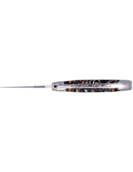 Laguiole pliant "Antique" 10,5cm, lame acier Damas, inserts en défense fossile de mammouth