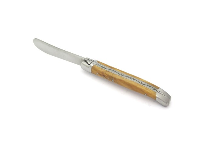 Couteau à beurre Laguiole. Finition inox brillant avec manche fin en bois d'olivier