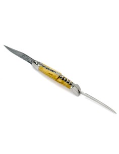Laguiole pliant 12 cm, acier Damas, lame & tire-bouchon & poinçon, abeille forgée, mitres inox mat, manche bois d'ébène
