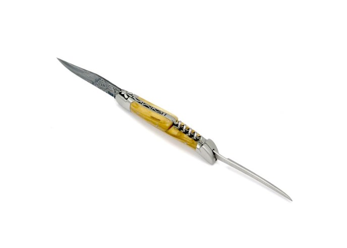 Laguiole pliant 12 cm, acier Damas, lame & tire-bouchon & poinçon, abeille forgée, mitres inox mat, manche bois d'ébène