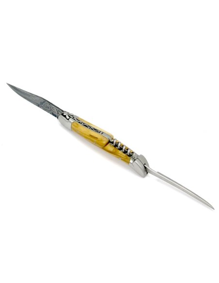 Laguiole pliant 12 cm, acier Damas, lame & tire-bouchon & poinçon, abeille forgée, mitres inox mat, manche bois d'ébène