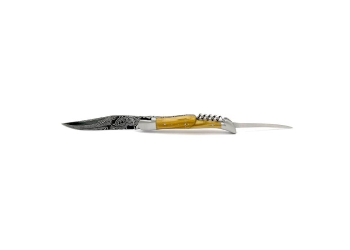 Laguiole pliant 12 cm, acier Damas, lame & tire-bouchon & poinçon, abeille forgée, mitres inox mat, manche bois d'ébène
