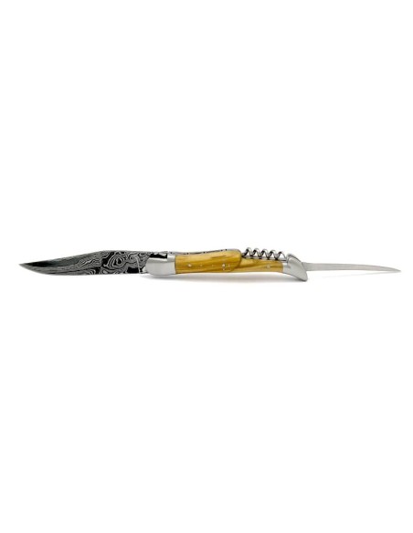 Laguiole pliant 12 cm, acier Damas, lame & tire-bouchon & poinçon, abeille forgée, mitres inox mat, manche bois d'ébène