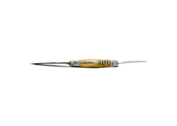 Laguiole pliant 12 cm, acier Damas, lame & tire-bouchon & poinçon, abeille forgée, mitres inox mat, manche bois d'ébène