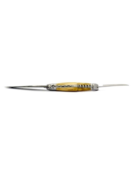 Laguiole pliant 12 cm, acier Damas, lame & tire-bouchon & poinçon, abeille forgée, mitres inox mat, manche bois d'ébène