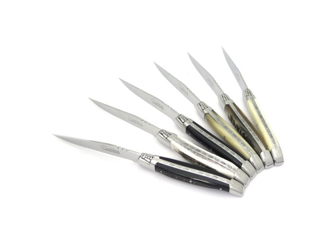 Couteaux de table (couteaux à steak), finition gamme prestige, mitres inox brillant, manche bois divers