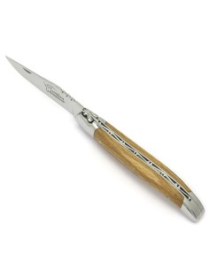 Laguiole pliant, 12 cm, abeille forgée, lame seule, mitres inox brillant, manche Hêtre de l'Aubrac