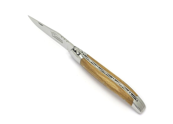 Laguiole pliant, 12 cm, abeille forgée, lame seule, mitres inox brillant, manche Hêtre de l'Aubrac