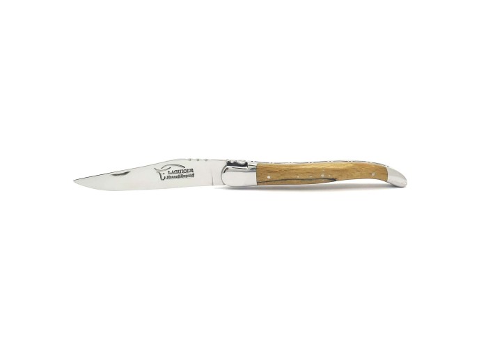 Laguiole pliant, 12 cm, abeille forgée, lame seule, mitres inox brillant, manche Hêtre de l'Aubrac