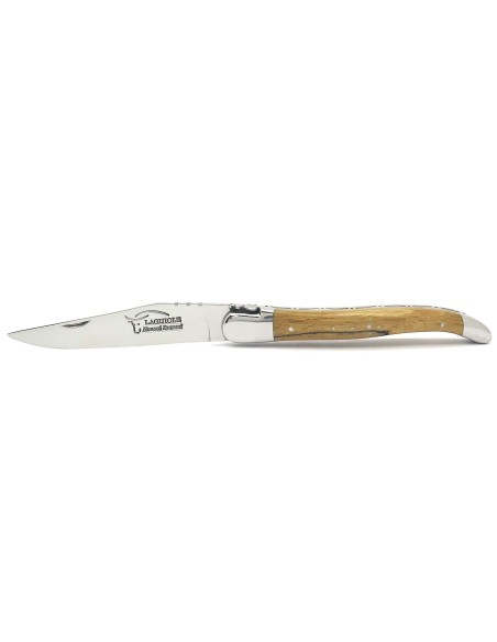 Laguiole pliant, 12 cm, abeille forgée, lame seule, mitres inox brillant, manche Hêtre de l'Aubrac